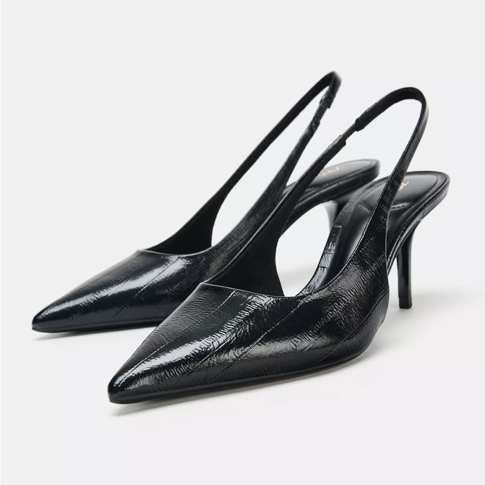 Textured Black Slingback Heels